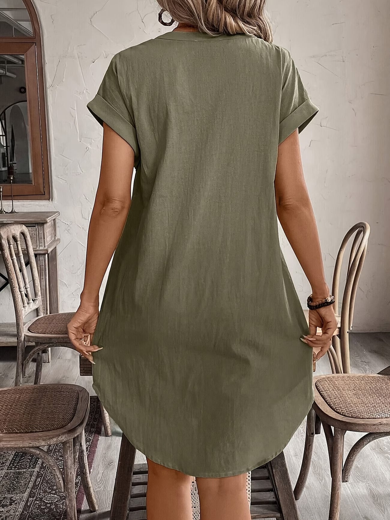 Army green button down dress