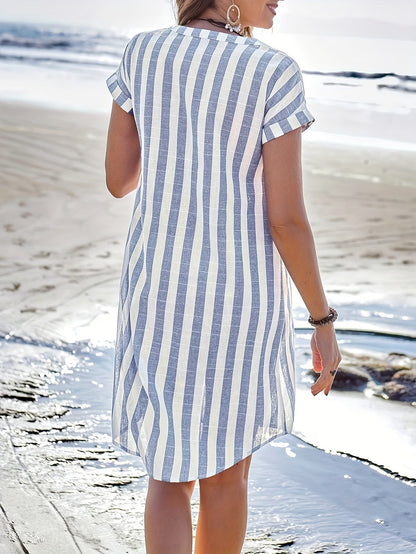 Casual Short Sleeve V-Neck Striped Knee-Length Dress